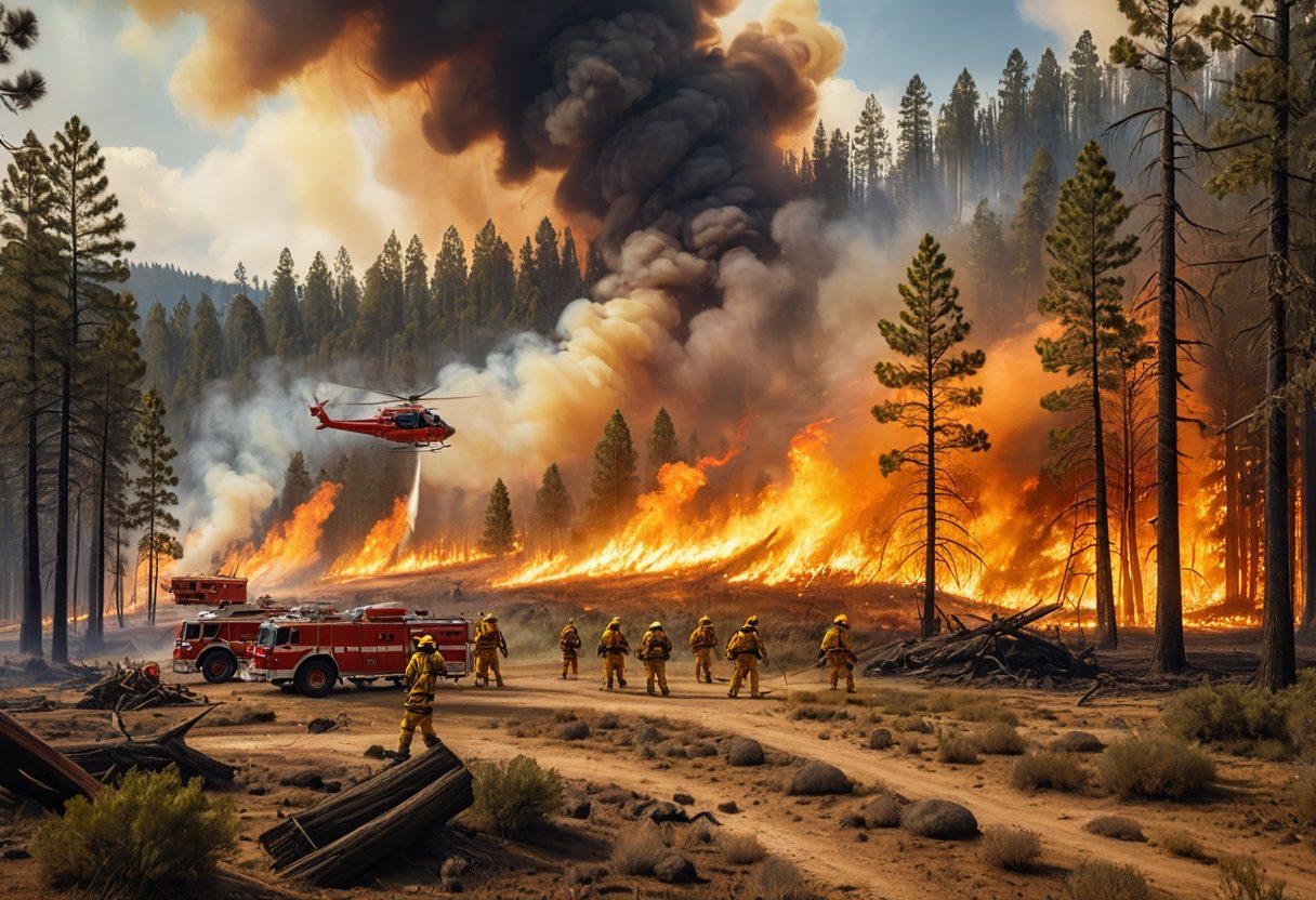 A panoramic view of a vast forest landscape with a visible wildfire being controlled by firefighters using advanced equipment. In the foreground, firebreaks and water-dropping helicopters can be seen, while in the background, a fire-resistant shelter stands ready. Super-realistic. vibrant colors. high detail.