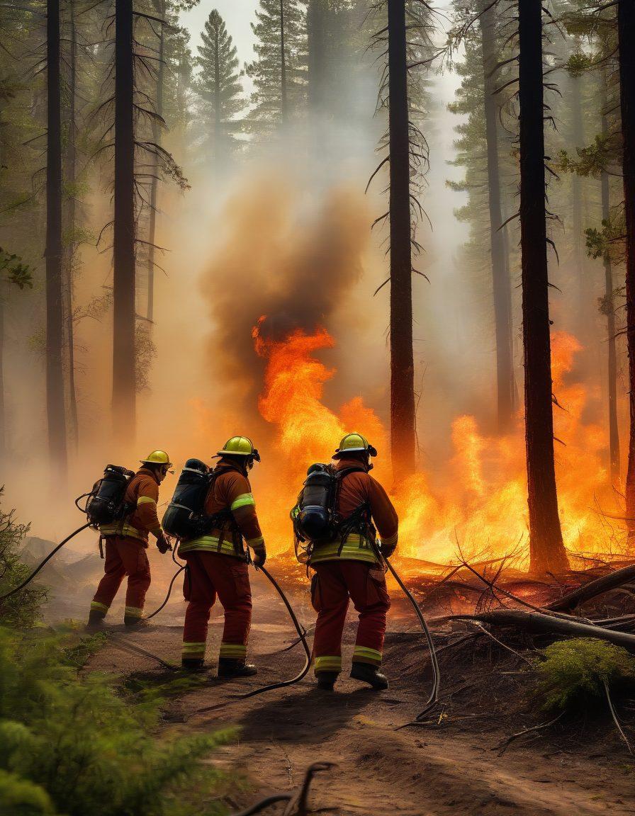 A detailed scene of firefighters combating a wildfire in a dense forest, showcasing various response techniques by NWCG guidelines. Include clear elements of firebreaks, evacuation signs, and safety gear. The image should reflect urgency, coordination, and community safety efforts. super-realistic. vibrant colors.