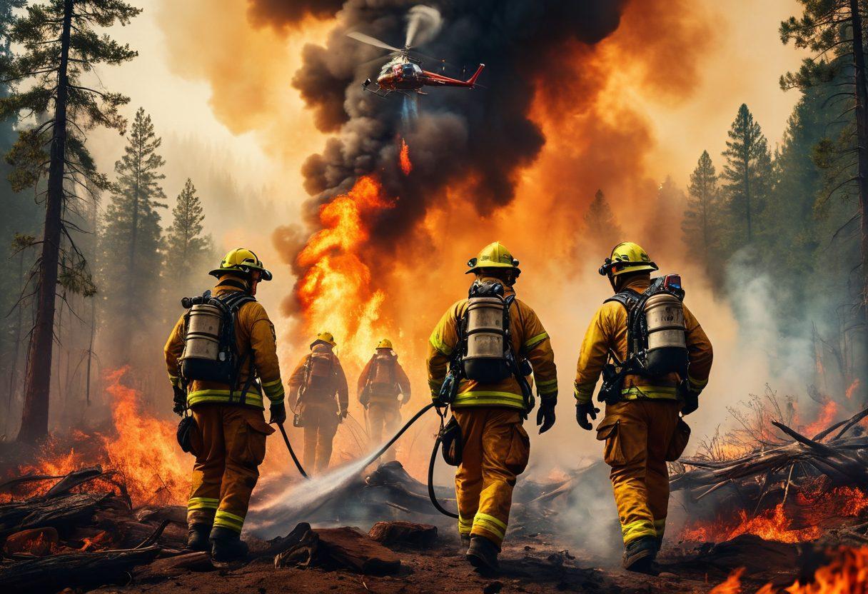 A team of wildland firefighters in action, battling a blazing forest fire with intense determination. They are equipped with specialized gear and tools, surrounded by roaring flames and dense smoke. Show a diverse, gritty team working strategically amidst the chaotic environment, with a helicopter dropping water in the background. Capture the essence of bravery, teamwork, and strategy. super-realistic. vibrant colors.